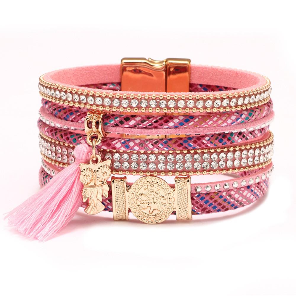 Bohemian Micro-Diamond Cross Bracelet with Magnetic Clasp & PU Leather