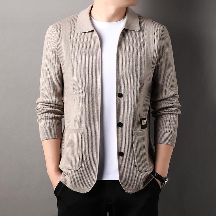 Men's Autumn Winter European High-end Suit Collar Solid Color Knitted Cardigan Button Business Casual Sweater Coat
