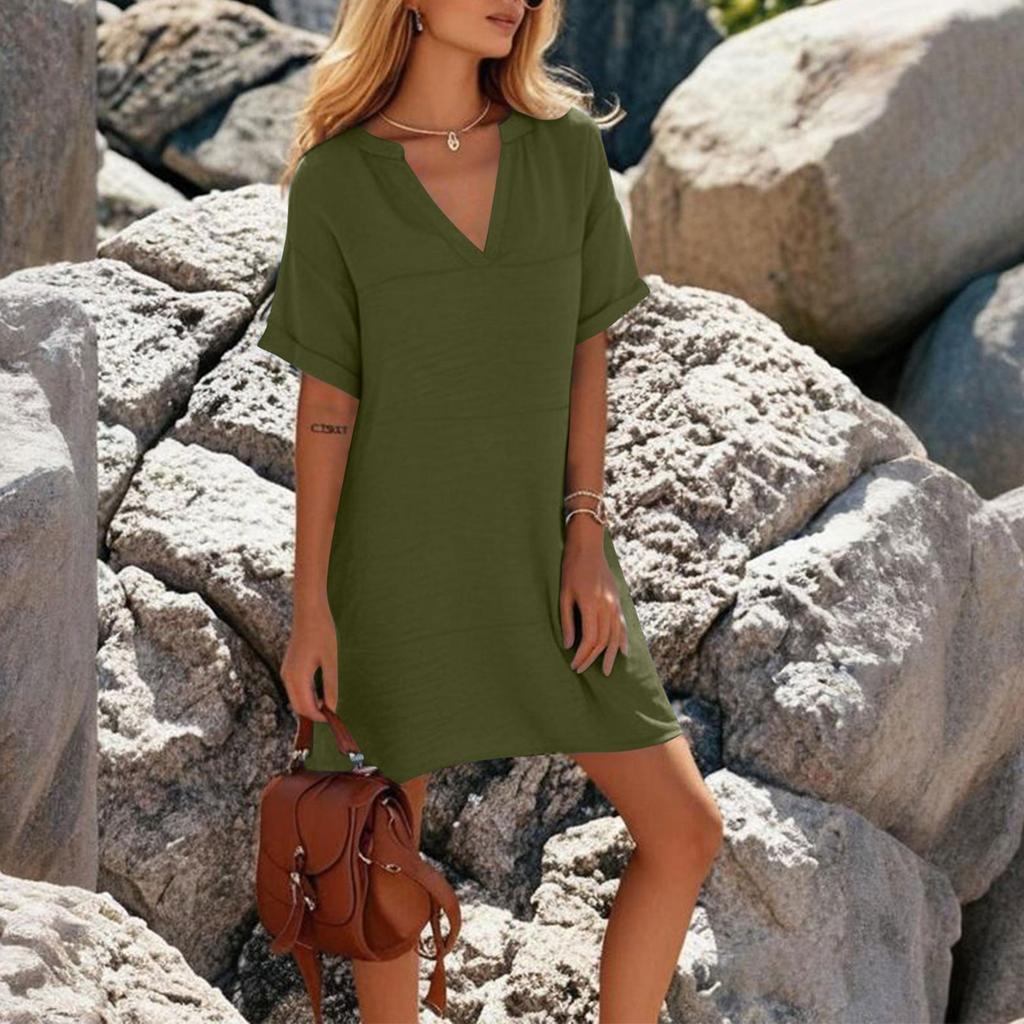 Women's Fashion Smock Casual Short-sleeved V-neck T-shirt Dress Holiday Beach Dress