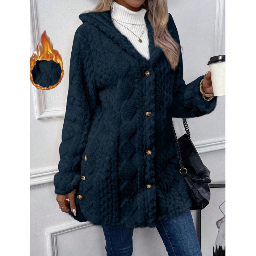 Women Cardigan Hoodie Jacket Autumn Winter Argyle Textured Pattern Hooded Irregular Hem Buttons Fleece Oversized Outerwear Coat