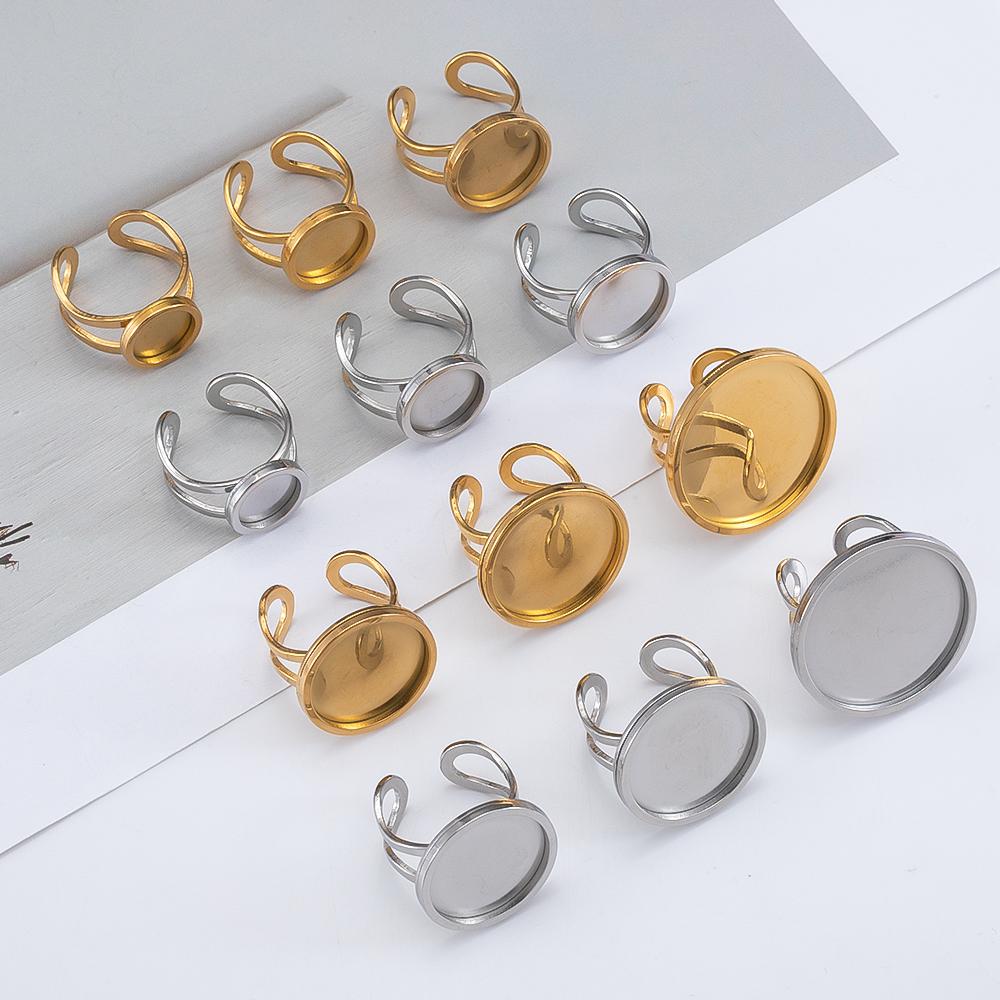 4 Stück Edelstahl Runder Ring Rohling Tablett Verstellbar Offener Fingerring Fassung 10-25mm Cabochon Basis Fassung für DIY Schmuckherstellung