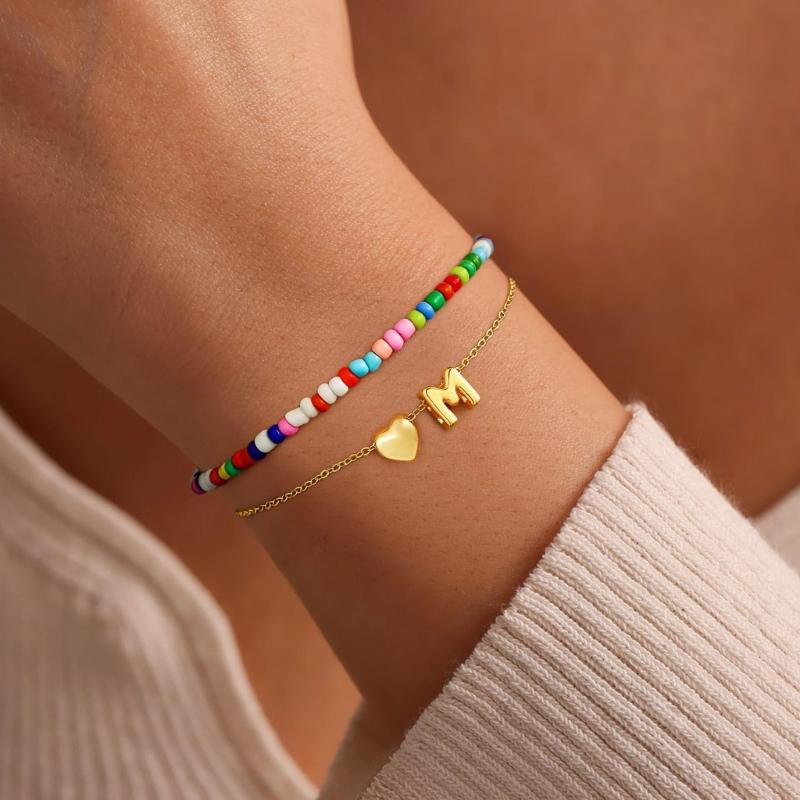 Double Layer Heart Beaded Bracelet Feature Initial Charm Letter Fashion Copper Jewelry Gift For Teen Girls Women