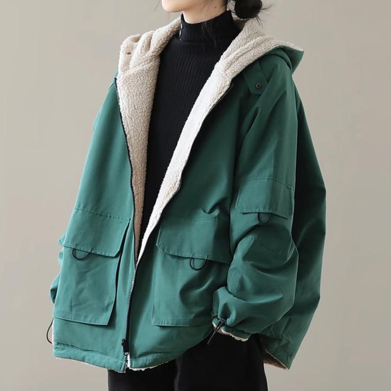Women Wool Fleece Hooded Cotton-padded Jacket Coat Autumn Winter Women Clothes Patchwork Oversize Warm Fake Two Pieces Sweatshirt