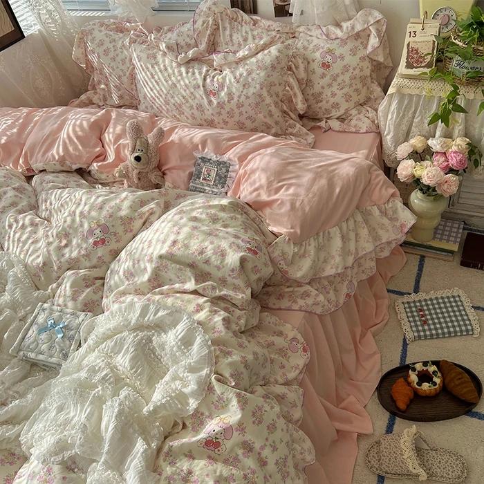 New Korean Princess Style Floral Ruffles Bedding Set Skin-Friendly Soft Duvet Cover Set Bed Sheet Or Bed Skirt Pillowcases