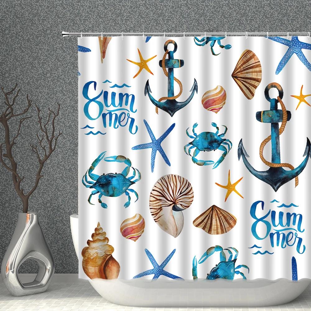 Fun Shower Curtain Cartoon Starfish Crab Shell Waterproof Polyester Fabric Bathroom Curtains Hook Home Decoration