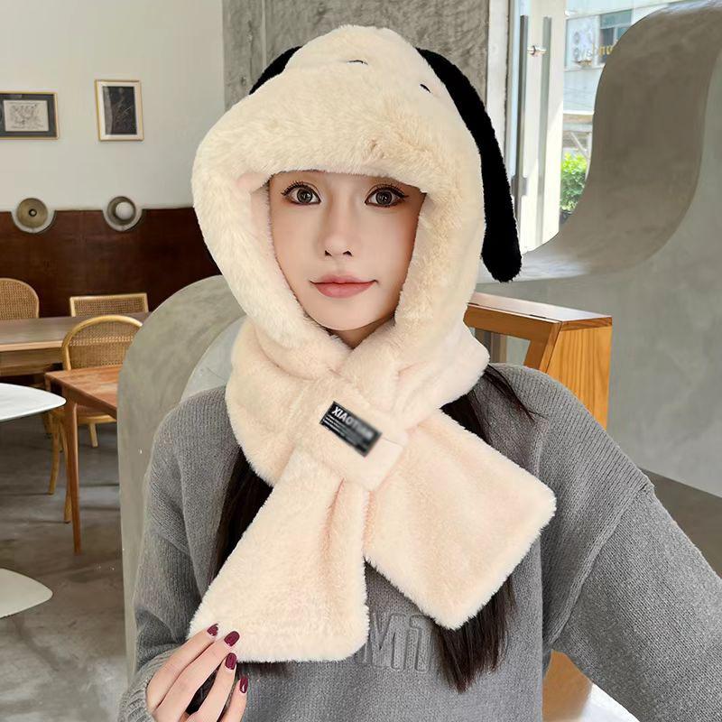 Cute Puppy Long Ears Plush Hat Scarf Integrated Female Autumn and Winter Show a Small Face Warm Two-piece Set