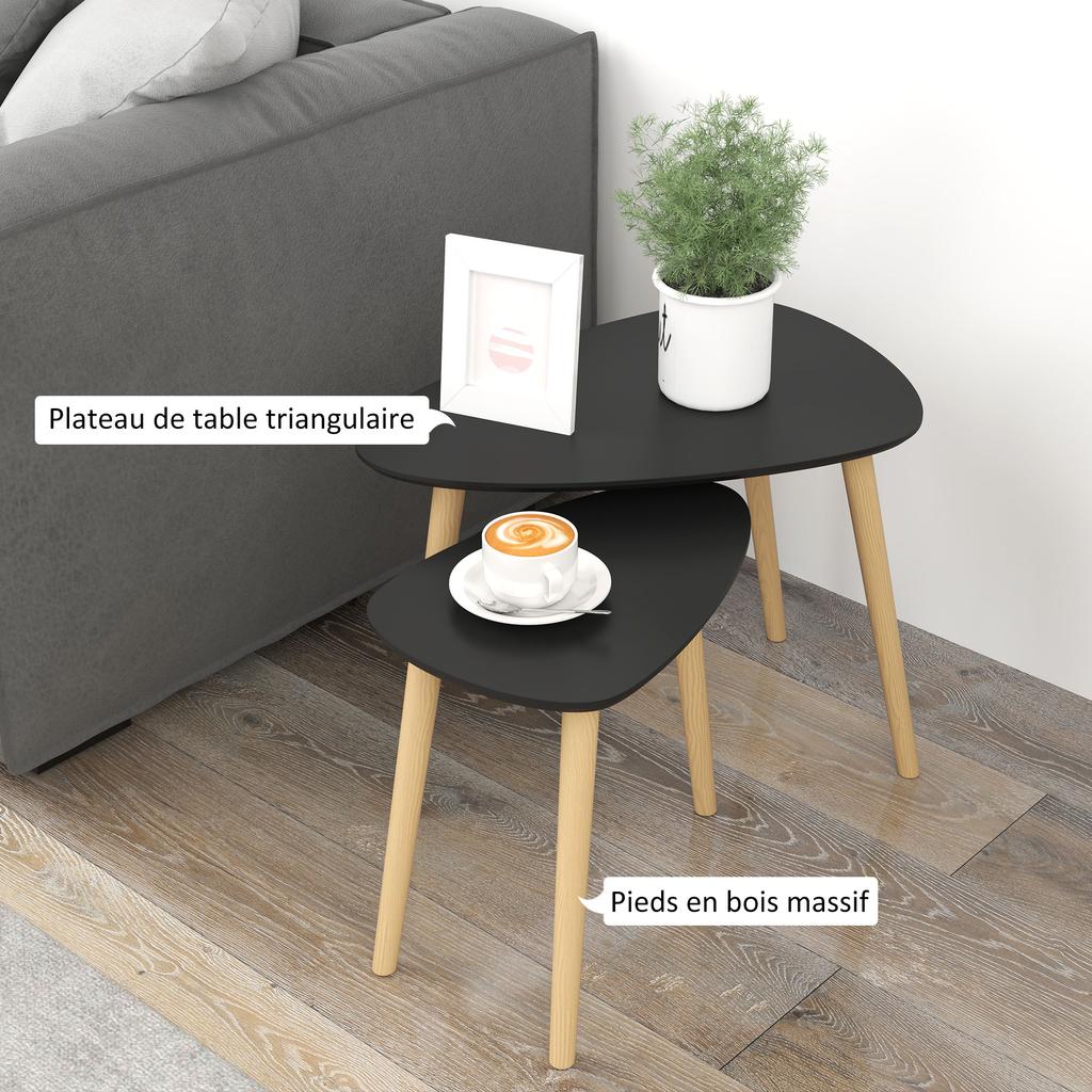 Set Of 2 Nesting Coffee Tables Scandinavian Design Wooden Legs And Wooden Top Black