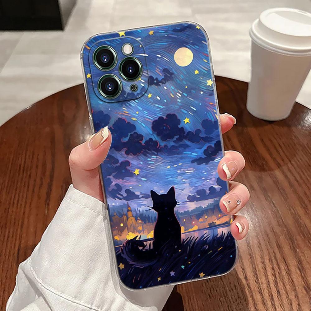 Retro Oil Painting Starry Sky Cat Case For Apple iPhone 17 16 15 14 13 12 11 Pro Max 16 Plus 16E 17Air 17Pro Phone Cover Funda