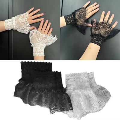 1 Pair New Lace Ruffles Fake Cuffs Multi Layer Pleated Flare Fake Sleeve Floral Pattern White Black False Gloves Universal Size