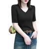 Women's European-Style Ribbed V-Neck Short-Sleeve Slim-Fit T-Shirt, Yellow-Green/Apricot