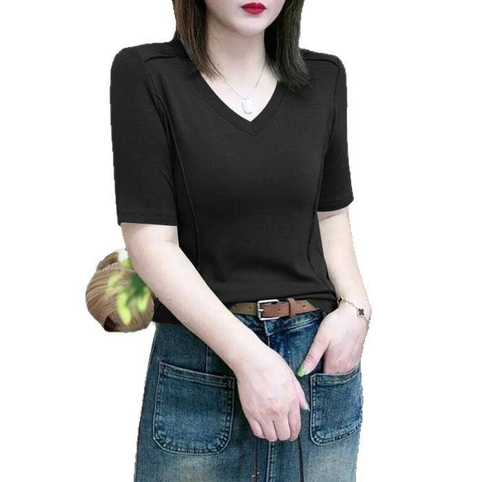 Women's European-Style Ribbed V-Neck Short-Sleeve Slim-Fit T-Shirt, Yellow-Green/Apricot