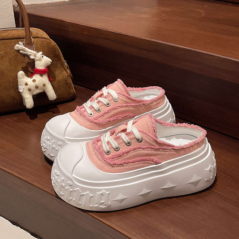 

European thick-soled beggar canvas bag head half-drag girl 2025 spring and summer ugly cute big head bread shoes fashion casual muffin 35 рожевий