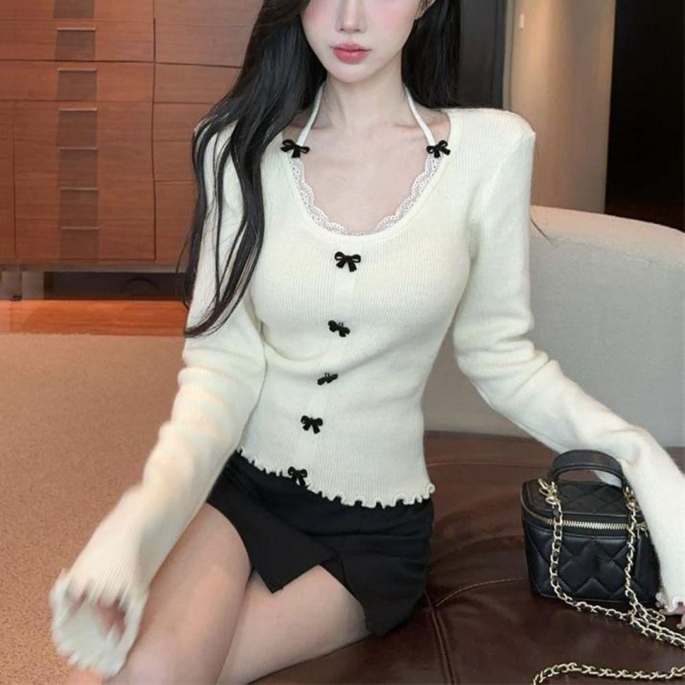 Lace Tied Up Long Sleeved T Shirts Slim Fit Fake 2 Pieces Crop Tops  Travel