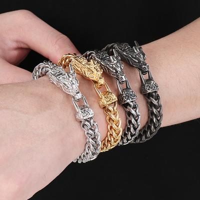 Massives Chinesisches Langkopf-Mann-Armband Vintage 8 mm Breite Edelstahl Drachenkörper-Kettenarmbänder Männlich Jungen Schmuck-Accessoire