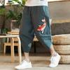 Men's Summer Chinese-Style Cotton-Linen 3/4-Length Shorts with Carp Print: Loose-Fit Casual Shorts for Plus Sizes