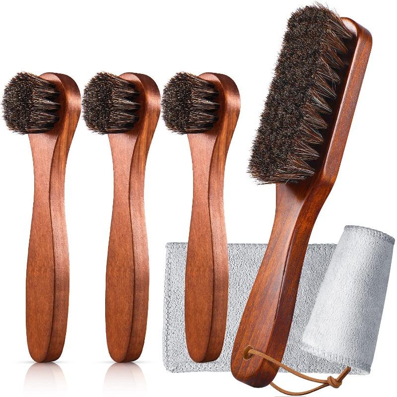 5Piece Horsehair Shoe Brush Shine Kit, Shoe Polish Kit, Leather Shoes Boot Cleaning Brush Care Clean Dauber Applicators