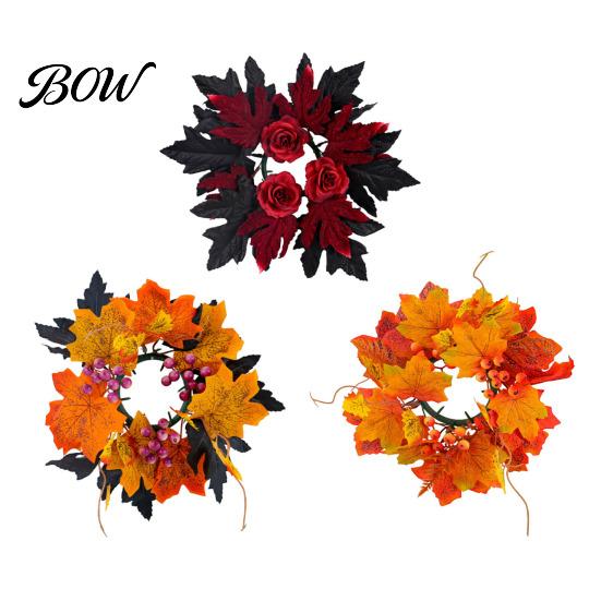 Reusable Plastic Props Halloween Floral Candle Ring, Artificial Maple Rose Wreath for Indoor Outdoor Holiday Decor Holder, Spooky Table Centerpiece
