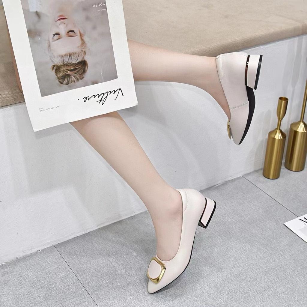 Pointed high heels women's spring and summer new square buckle one-pedal professional dress light mouth single shoes thick heel work shoes