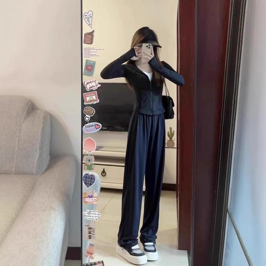 Sommer-Set für zierliche Damen aus Eis-Seide mit Sonnenschutz und lässiger Sportbekleidung - Slim Fit, Figurbetonendes 2-teiliges Outfit