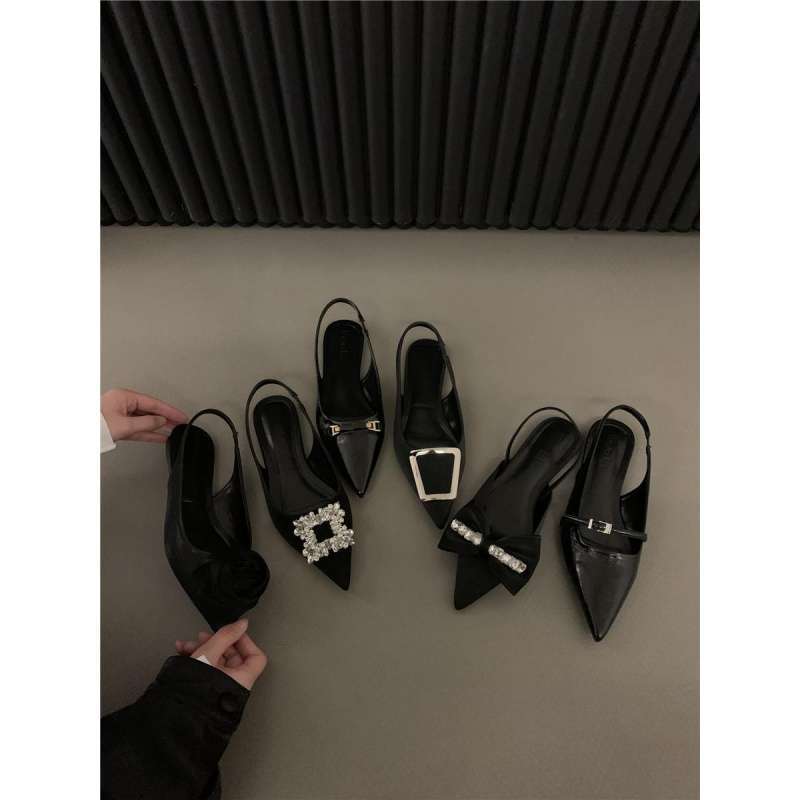 Evening Wind Rhinestone Bow Pointed Black Flat Shoes French Bag Head Sandals 2025 Spring New Women's Shoes Slippers