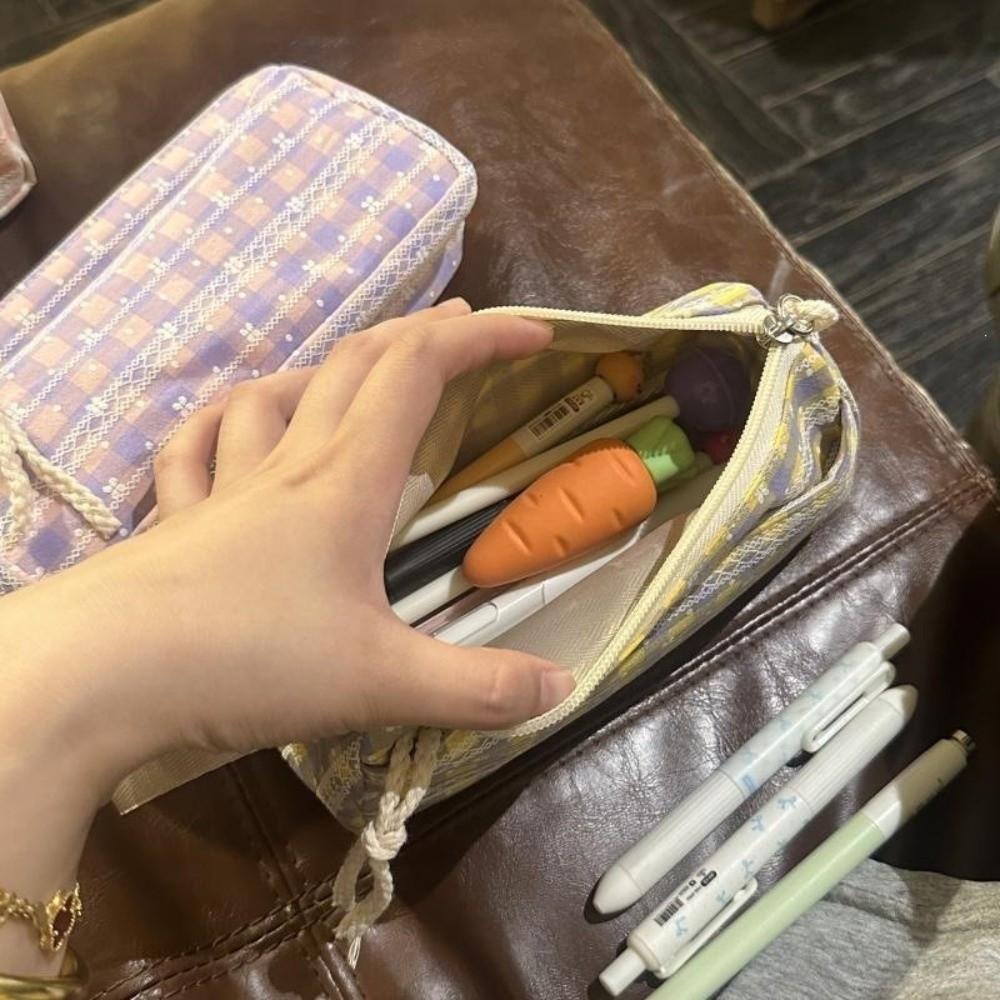 Large Capacity Stationery Pouch Plaid Pattern Pen Bag Stylish Plaid Pencil Case  Makeup Storage