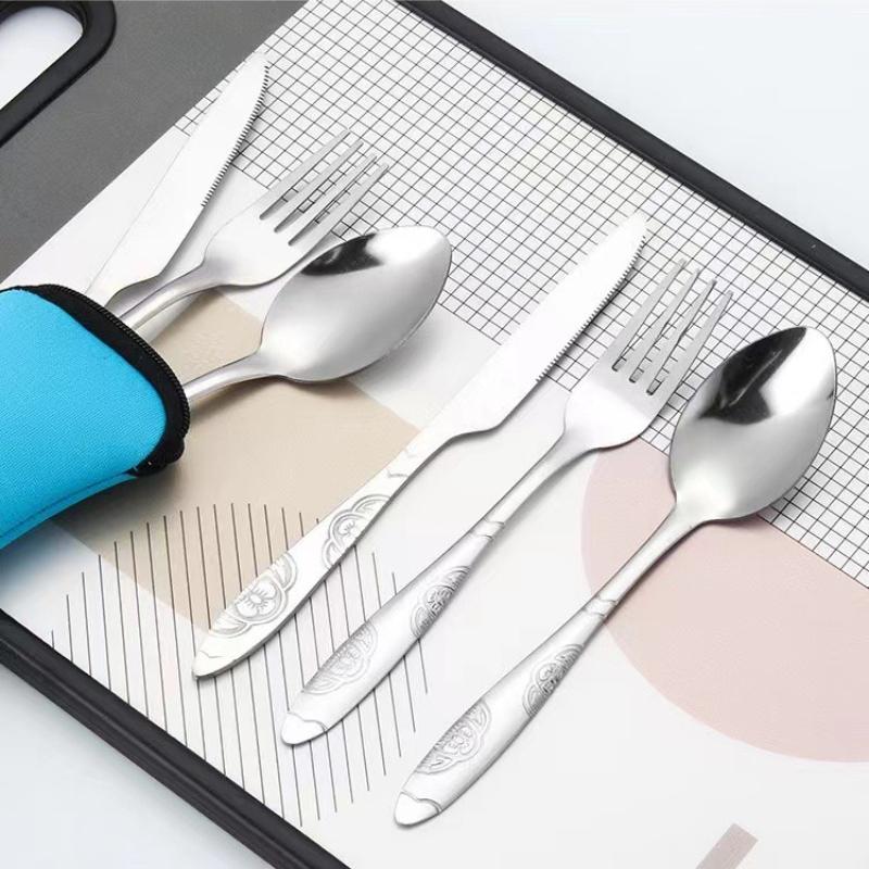 Portable Bag Steak Knife, Fork, Spoon Set, Stainless Steel Three Piece Western Tableware Set, High-Value Gift Tableware