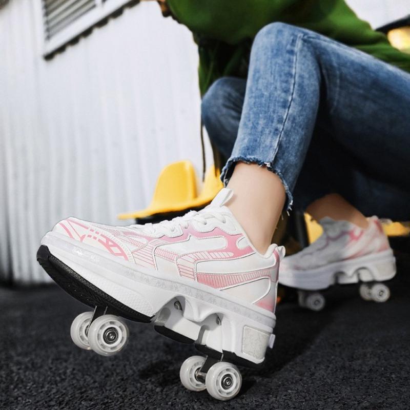 Automatic Retractable 4-Wheel Roller Skates Women's High Sneakers Shoes With Wheels Girls' Dual-Purpose Skating Sports Shoes
