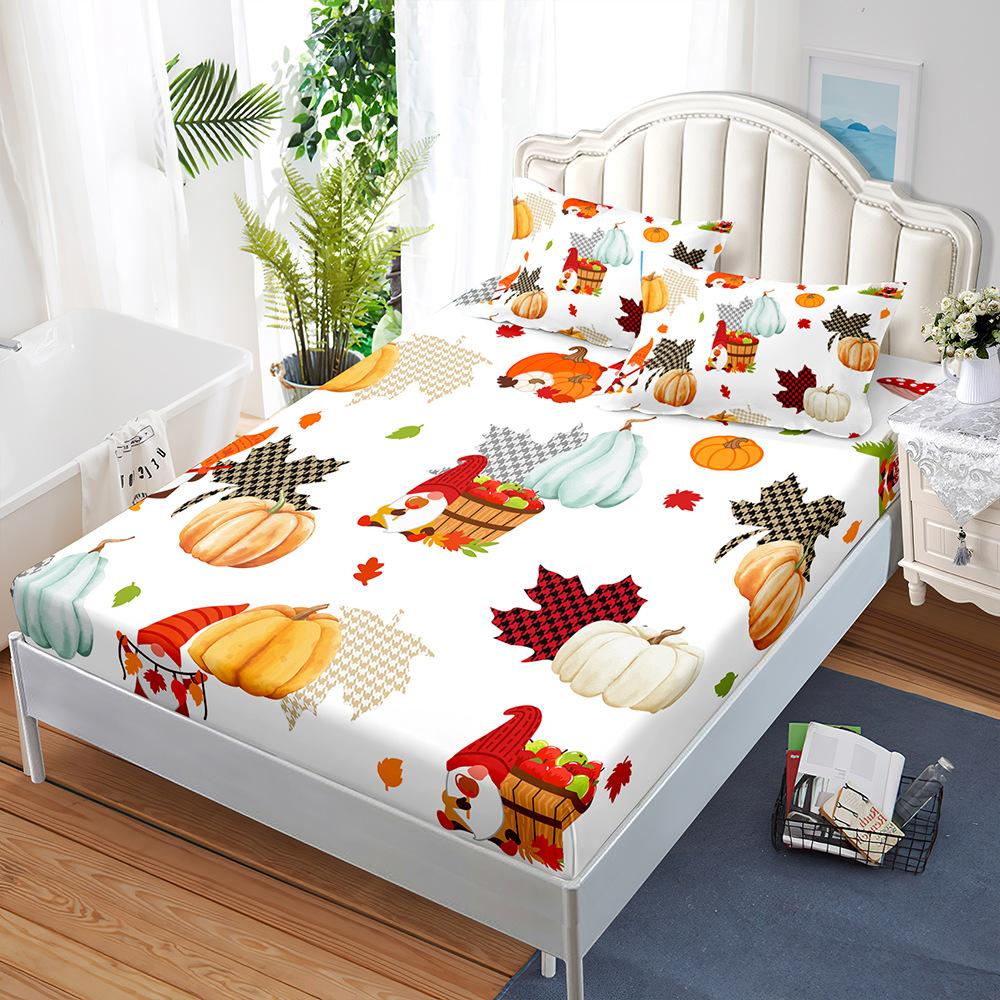 Sheet Three-Piece Bedspread Pillowcase Little Fox Pumpkin Thanksgiving Mattress Protective Cover