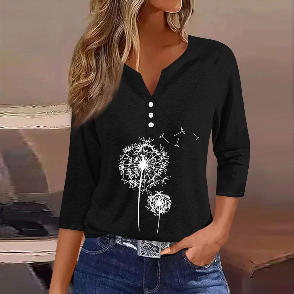 Women's T Shirt Tee Print Button  3/4 SleeveDaily Weekend Fashion Basic V- Neck Regular Top