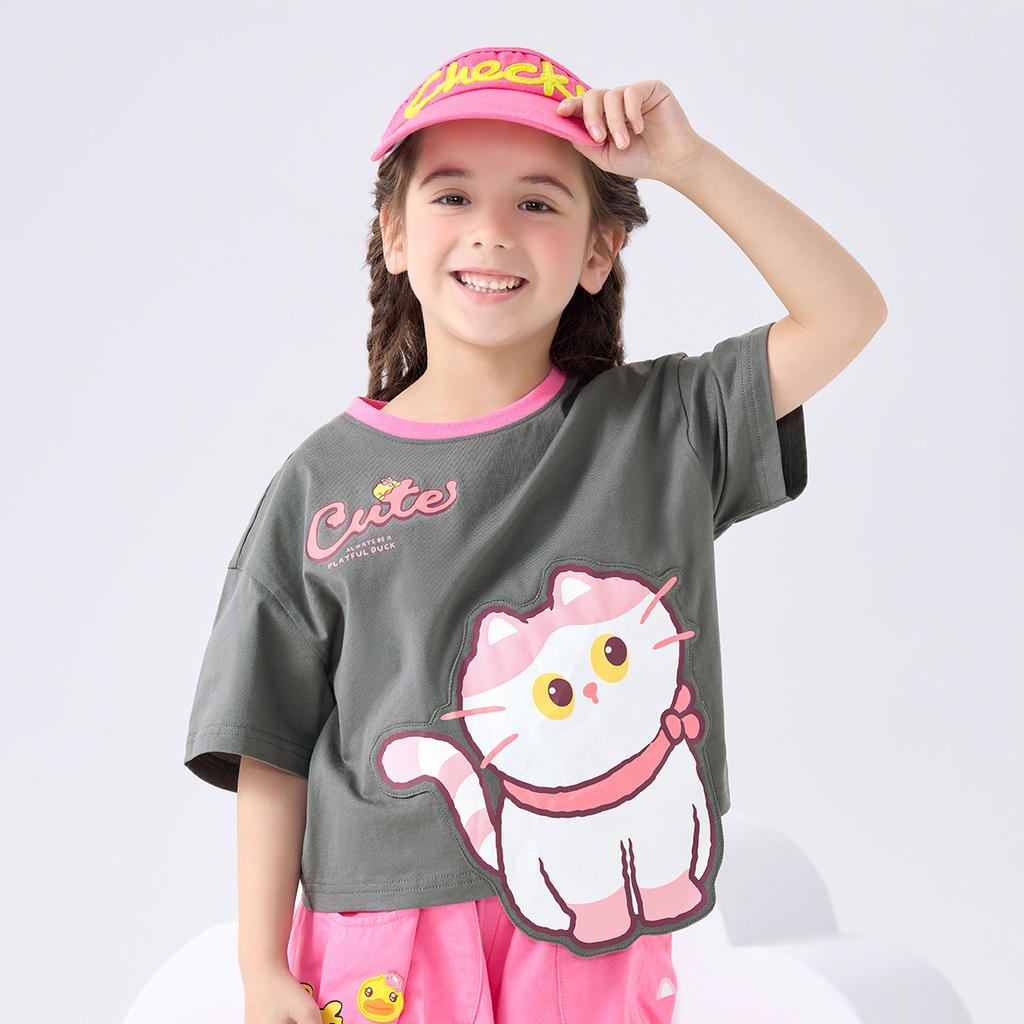 B. Duck Children's Clothing Girls' Summer New Short Sleeved Top Cute and Playful Cat T-shirt for Middle and Small Children