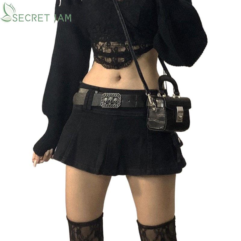 Goth Micro Skirts Low Rise Black Pocket Patchwork Skirt Aesthetic Outfit Vintage Harajuku Streetwear Style