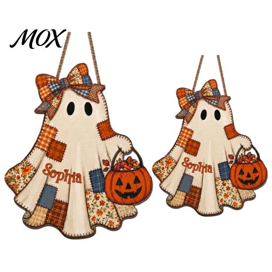 Funny Ghost Gift for Friends Halloween Wooden Patchwork Pendant, Vintage Autumn Harvest Hanging Sign, Cute Retro Ornament Walls Pendant with Rope Home