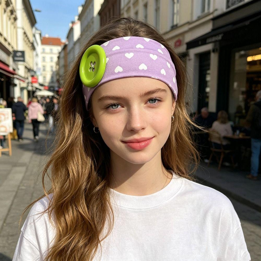 Large Button Elastic Hairband Colorful Heart Polka Dot Headband High Quality Button Hairband