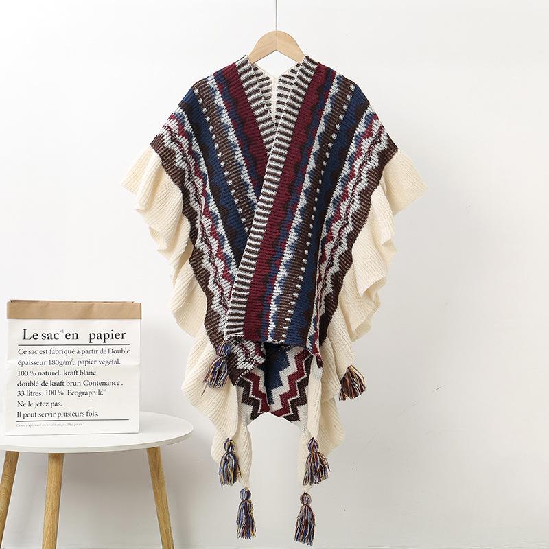Ruffled Ethnic-Style Knitted Shawl for Travel - Warm & Thickened