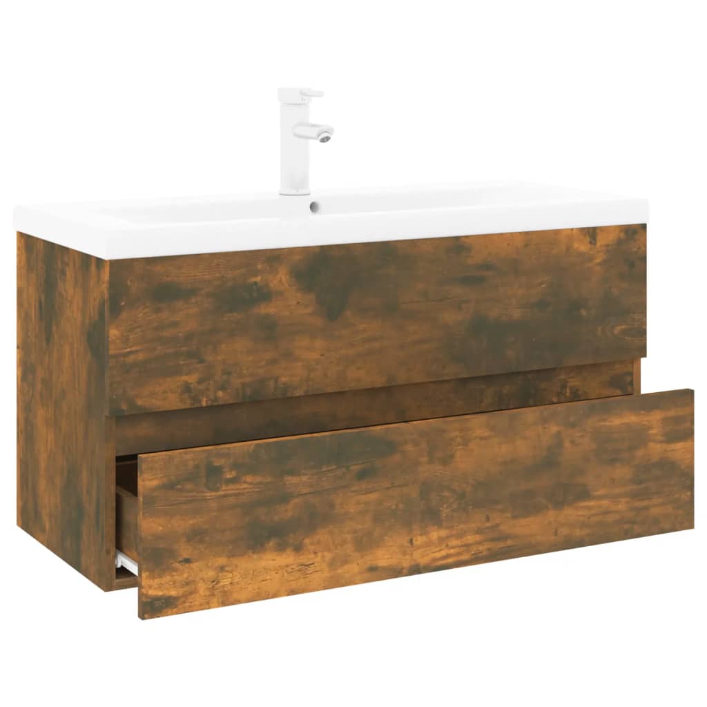 Washbasin Cabinet with Built in Basin Smoked Oak Wood Based Material