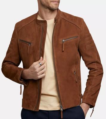 AL KHALID Erkek Kahverengi Süet Ceket %100 Saf Şık Slim Fit Ceket Biker