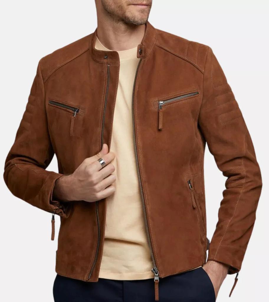 AL KHALID Men's Brown Suede Jacket 100% Pure Stylish Slim Fit Jacket Biker