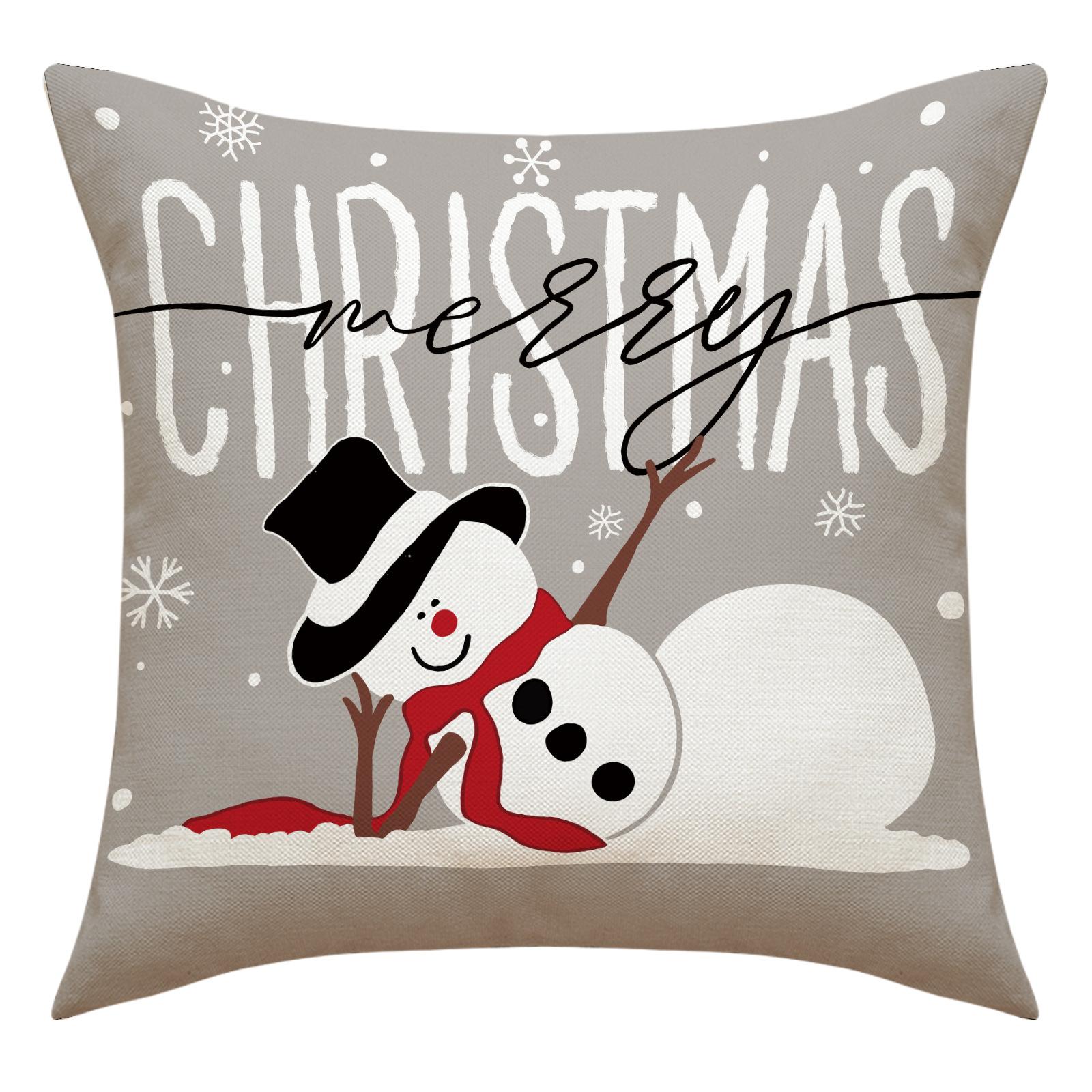 Linen Cartoon Snowman Pillowcase Christmas Decoration Sofa Pillow Linen Breathable Cushion Printed Pillowcase Christmas Gift One Size