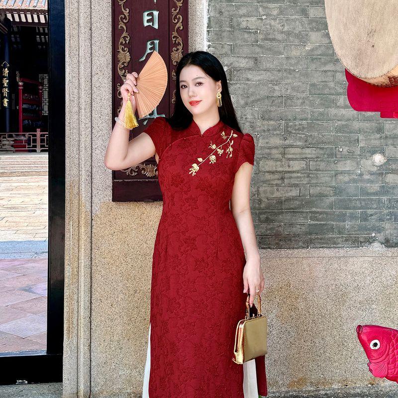 Plus-Size New Chinese-Style Faux Two-Piece Improved Qipao for Plus-Size Women, Retro Red National Style Embroidered Elegant Engagement Dress Red L