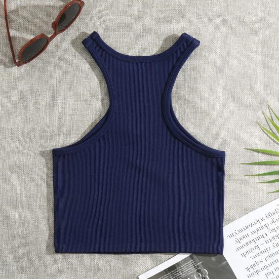 Women Running Vest O-Neck Sleeveless Short Tank Tops Solid Color Ribbed Elastic Fitting Quick Drying Racer Back Vest