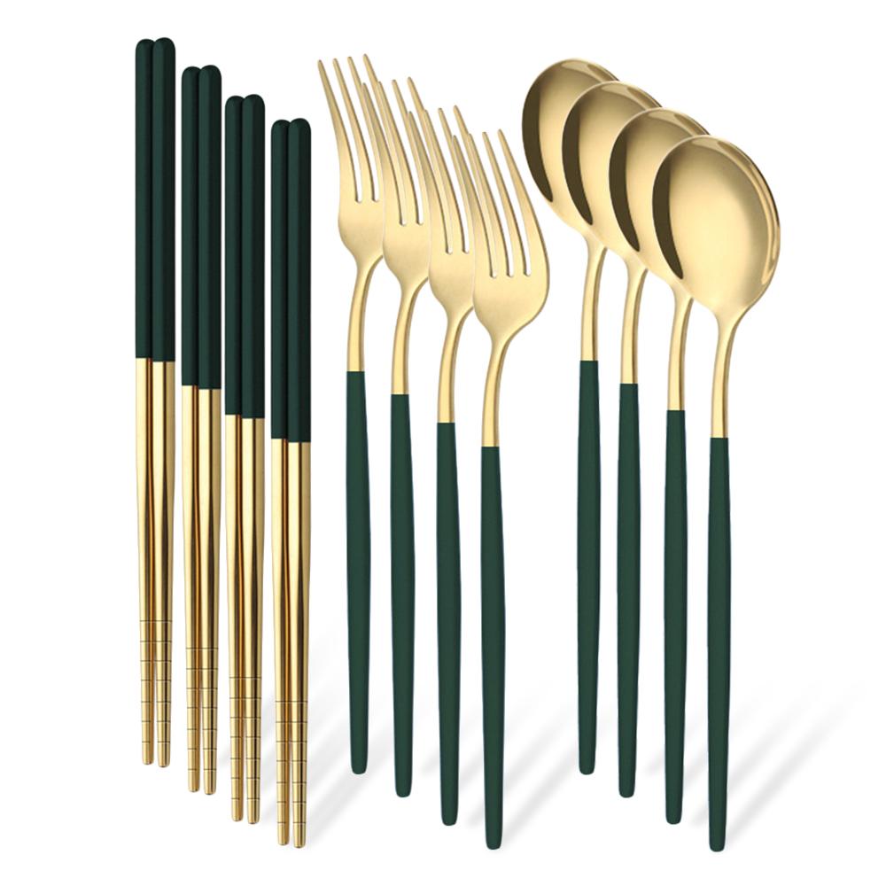 12Pcs/Set Western Golden Stainless Steel Cutlery Set Mirror Dinnerware Set Fork Spoon Chopsticks Tableware Flatware Set