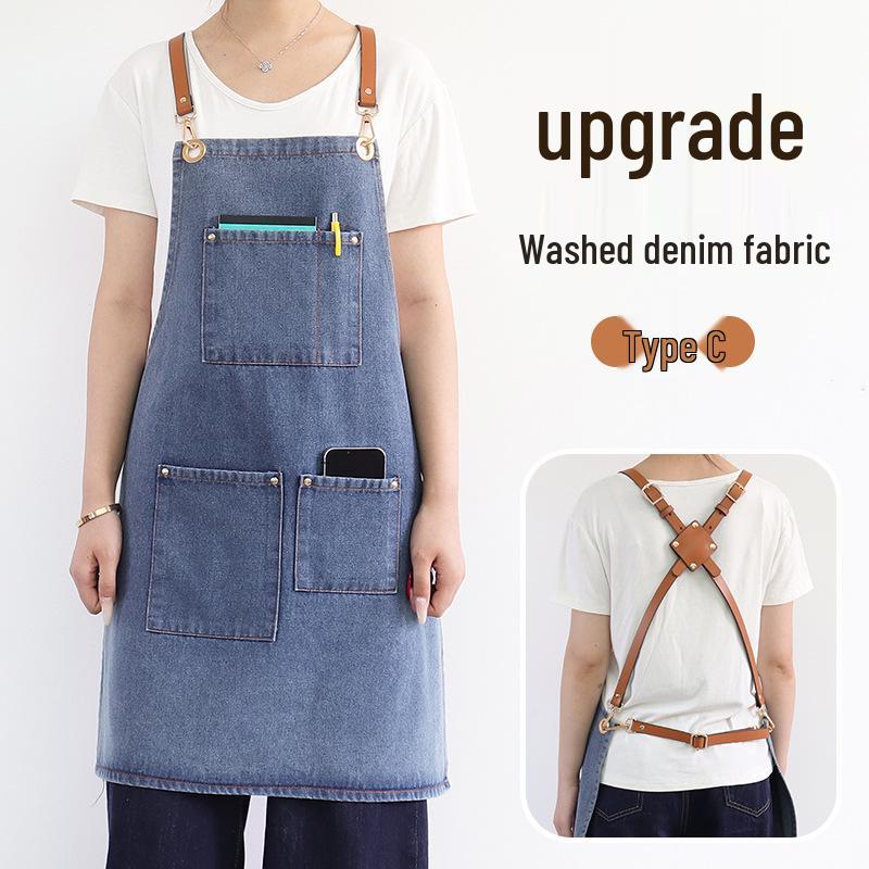 Washable Denim Apron: Durable Workwear for Coffee, Milk Tea, or Florist Shops with Custom Logo Option