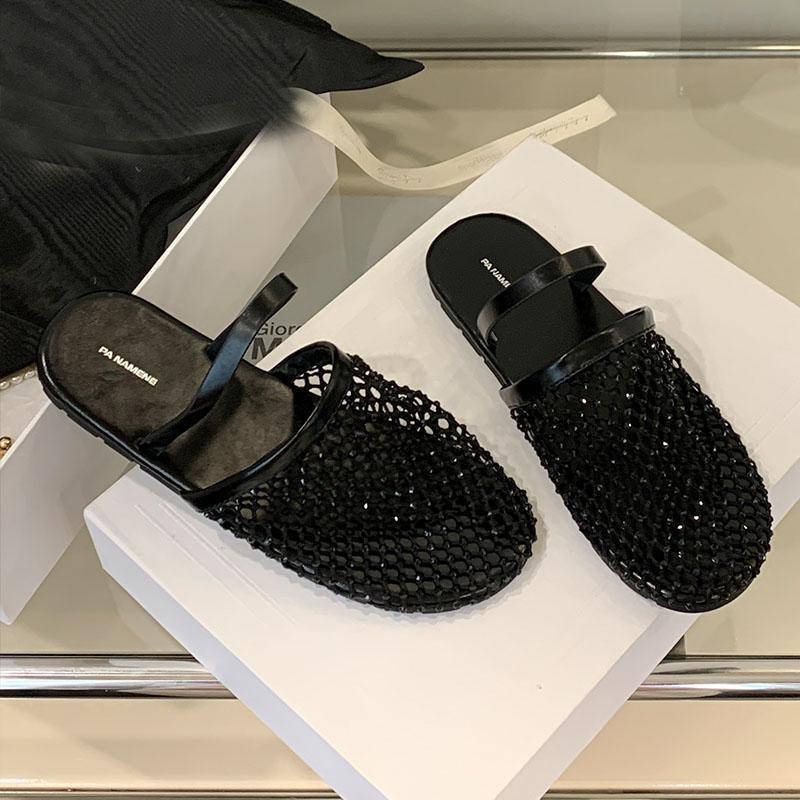 Fashion Female Bling Fashion Round Toe Flats Slippers Shoes For Women Mules Summer Beach Slides Ladies Flats Slippers Sandals Shoes