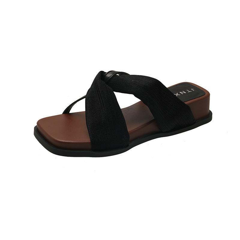 Retro Cross Belt Simple Fairy Open-toed Sandals Female Summer New Wedges Square Head Wear Comfortable One-word Slippers
