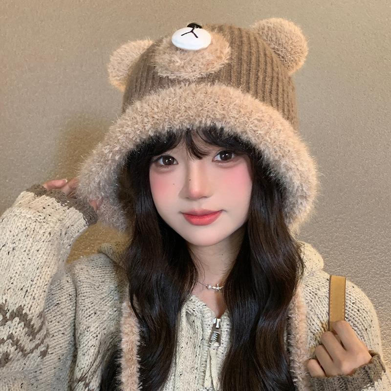 Cute bear plush hat female winter face small bucket hat warm ear protector tether basin hat knitted wool hat