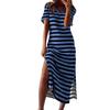 Women's Striped Side Slit Midi Dress V Neck Short Sleeve Casual Holiday Loose Dress