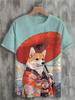 Japanese Cat Pattern T-Shirt For Men Warrior Animal 3D Print Tee Shirts Summer Casual O-Neck Short Sleeve Tees Street Loose Tops