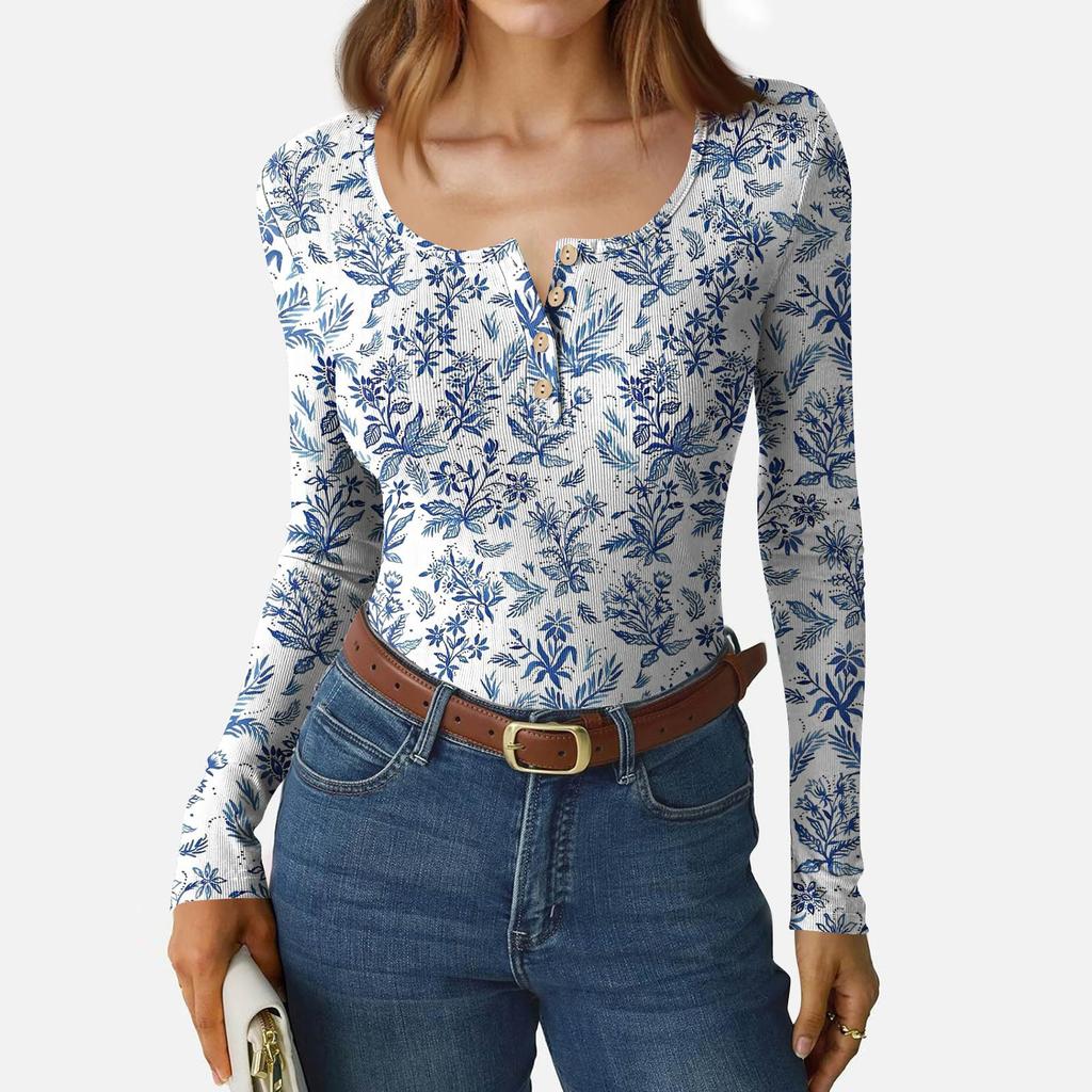 Camiseta de Fondo Delgado para Mujer Moda Casual Estampado Degradado Cuello Redondo Jersey Manga Larga Top