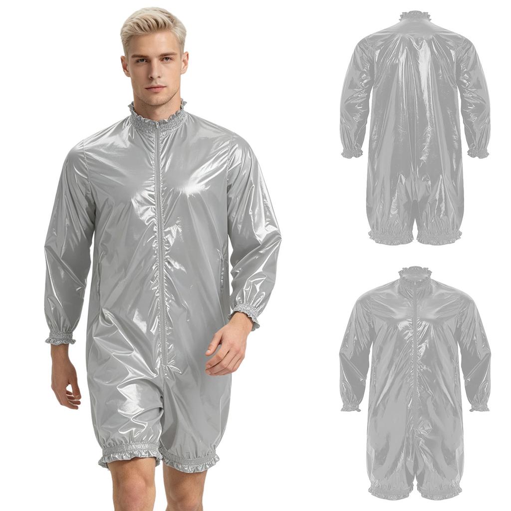 Men Waterproof Vinyl Swim Club Bodysuit Mock Neck Long Sleeve Front Zipper Ruffled Short Leg Leotard Diaper Cover Wear