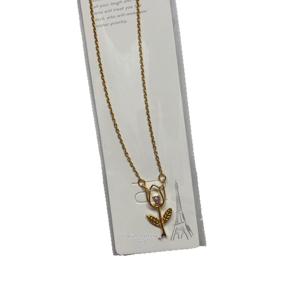 Titanstahl Rose Tulpe Zirkon Anhänger Halskette - Europäisch Amerikanischer Modeschmuck, Leichter Luxus Schlüsselbein Kette